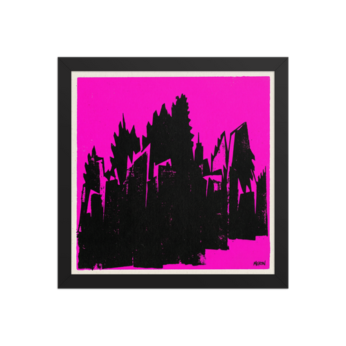 'Neon Urban Decay' — a Pop art print. A stark black cityscape silhouette on a bright magenta background, bringing raw energy to a Studio or Den / Snug.