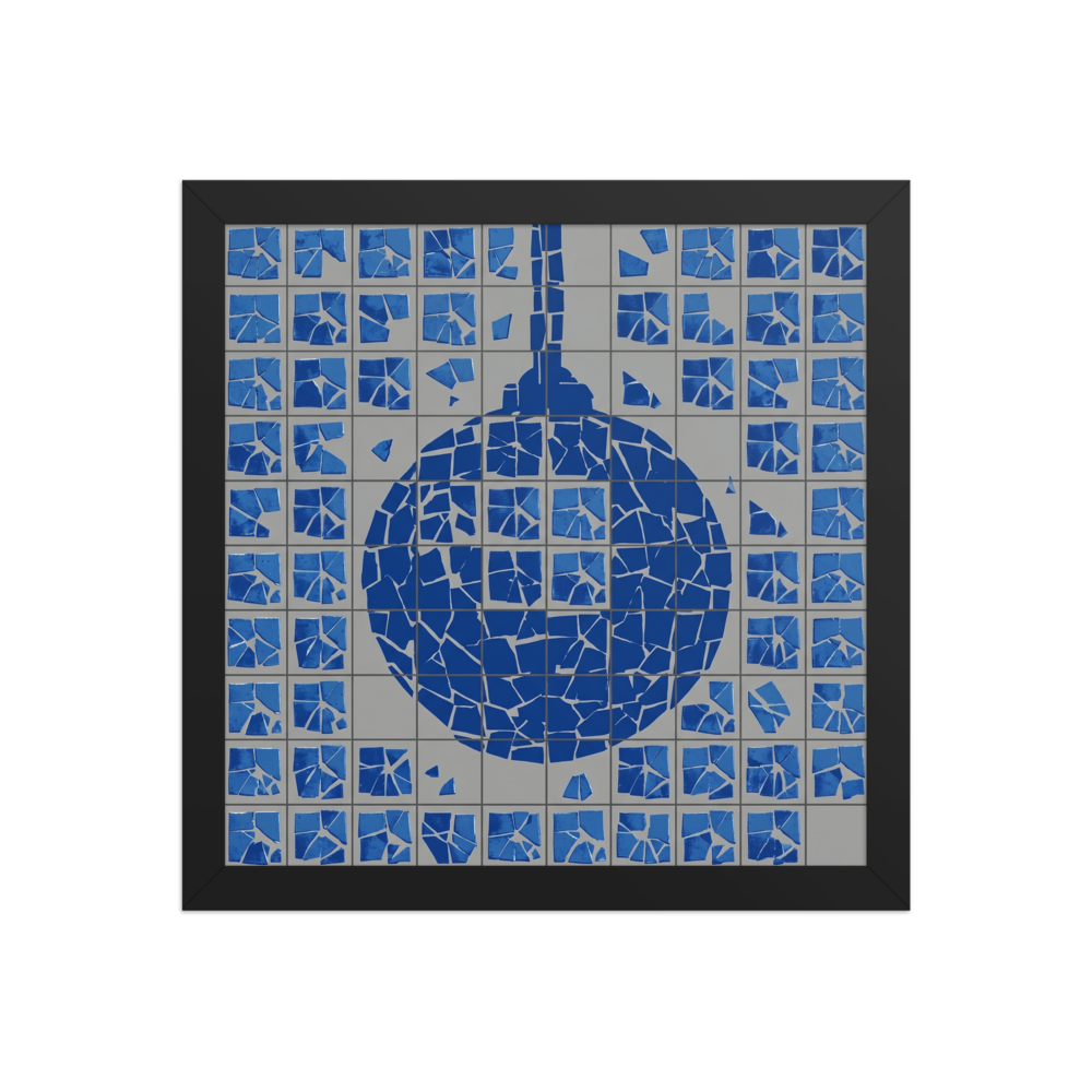 'Shattered Groove' — a Pop art print. A fragmented blue Pop Art disco ball mosaic on a gray background, adding a rebellious edge to a Home Bar / Cellar or Den / Snug.