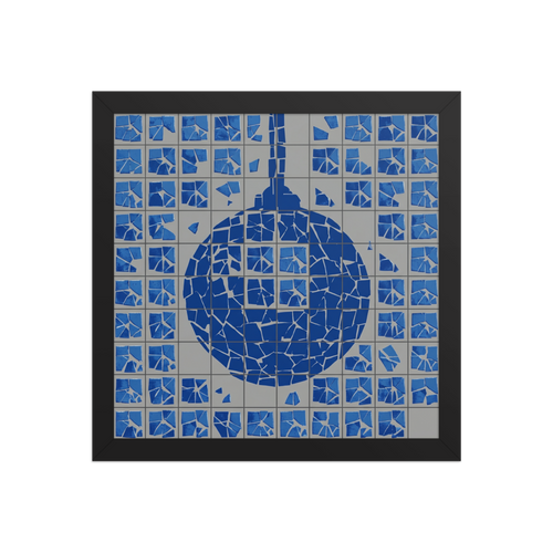 'Shattered Groove' — a Pop art print. A fragmented blue Pop Art disco ball mosaic on a gray background, adding a rebellious edge to a Home Bar / Cellar or Den / Snug.