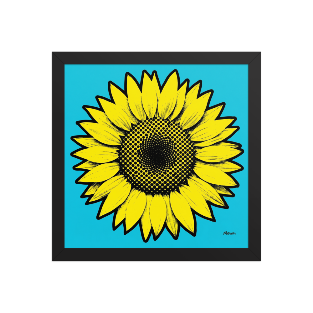 'Cyan Sunflower' — a Pop art print. A graphic pop art illustration of a bright yellow sunflower with halftone dot center on a cyan background, perfect for a cheerful sunroom.