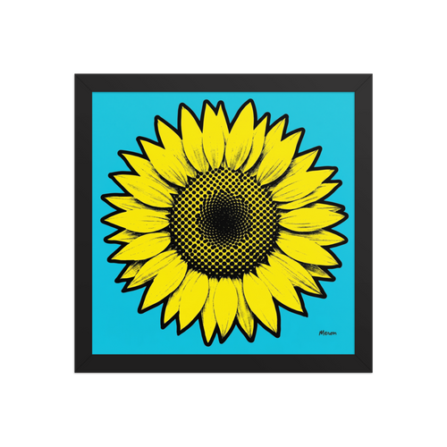 'Cyan Sunflower' — a Pop art print. A graphic pop art illustration of a bright yellow sunflower with halftone dot center on a cyan background, perfect for a cheerful sunroom.
