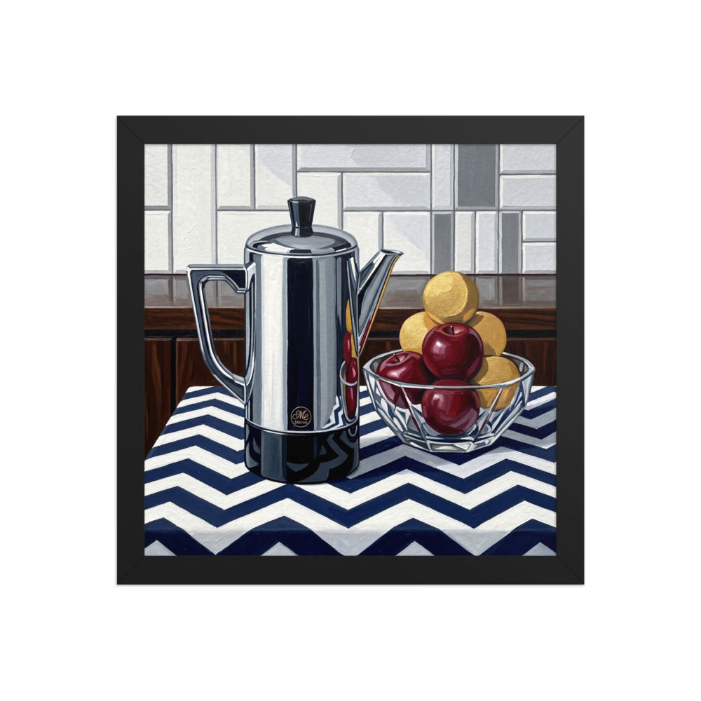 'The Morning Brew' — a Art Deco print. An Art Deco still life oil painting featuring a shiny metallic coffee pot and a bowl of fruit on a blue and white chevron tablecloth, ideal for a kitchen.