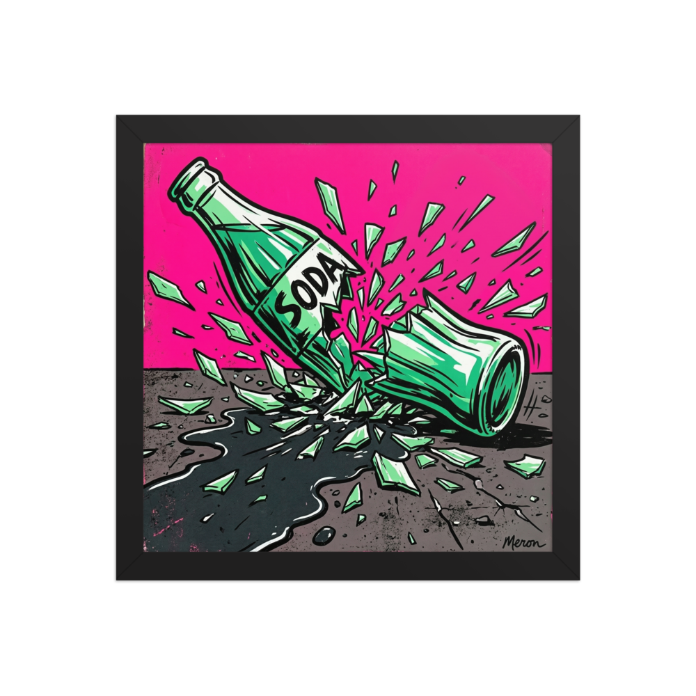 'Shattered Soda' — a Pop art print. A vibrant pop art illustration of a green soda bottle shattering and spilling on a gray surface against a bright pink background, perfect for a modern game room.
