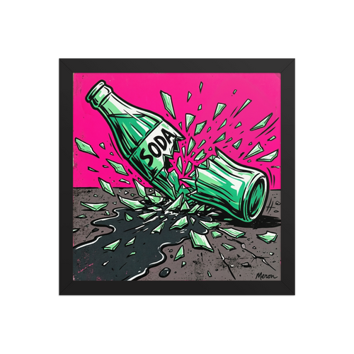 'Shattered Soda' — a Pop art print. A vibrant pop art illustration of a green soda bottle shattering and spilling on a gray surface against a bright pink background, perfect for a modern game room.
