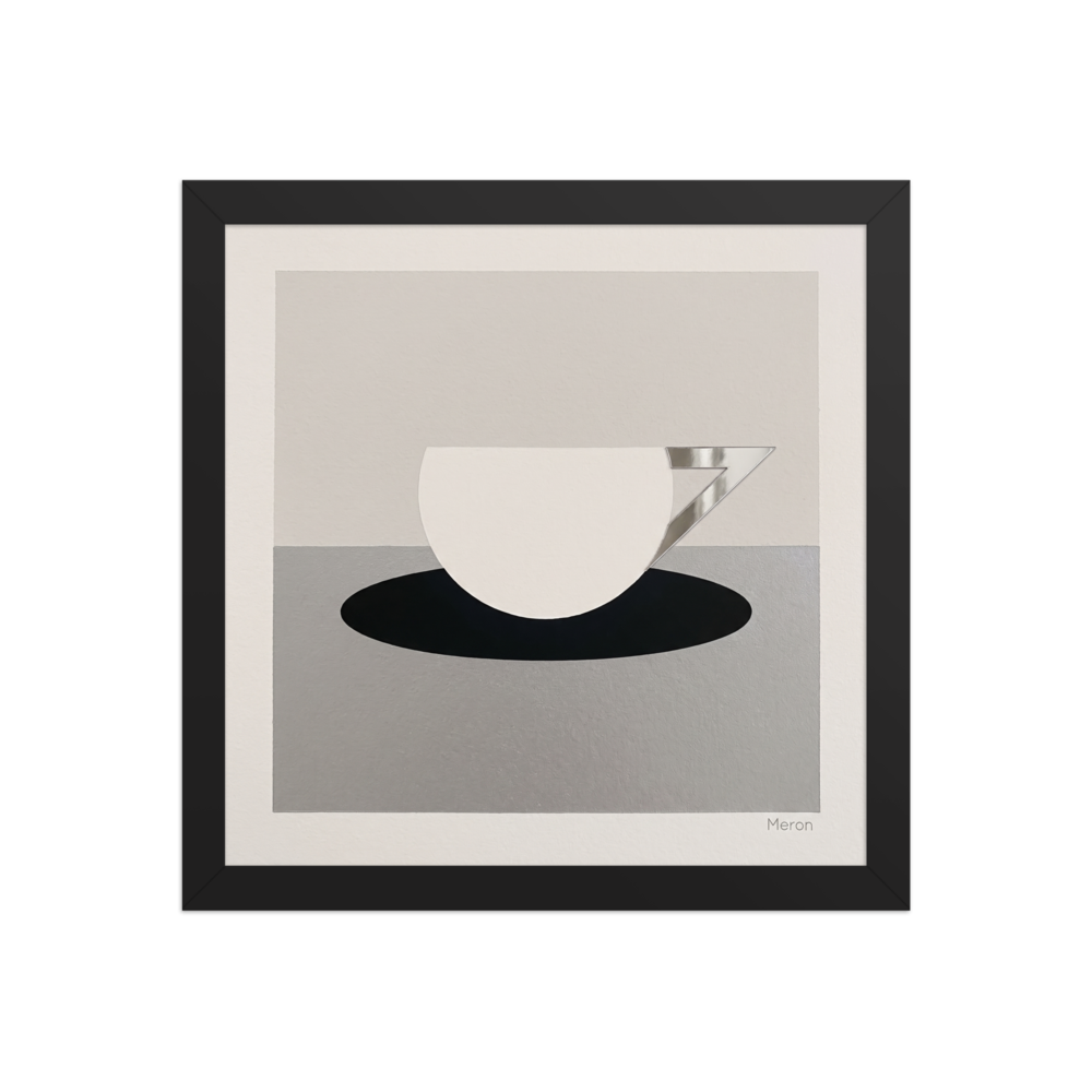 'The Abstract Cup' — a Art Deco print. A minimalist geometric painting of a white cup with an angular silver handle resting on a black oval, ideal for a modern kitchen.