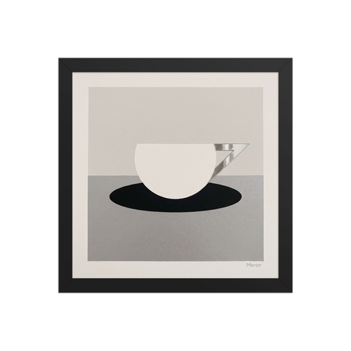 'The Abstract Cup' — a Art Deco print. A minimalist geometric painting of a white cup with an angular silver handle resting on a black oval, ideal for a modern kitchen.