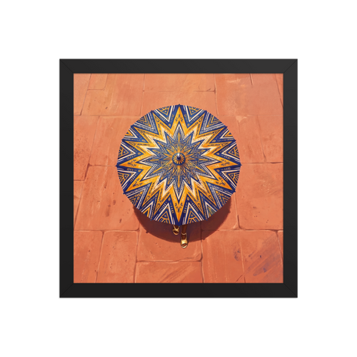'The Patterned Parasol' — a Geometric abstract art,Figurative art print. Aerial overhead view of a woman walking with an intricate navy and yellow geometric parasol over warm terracotta pavement, ideal for Entryway wall art.