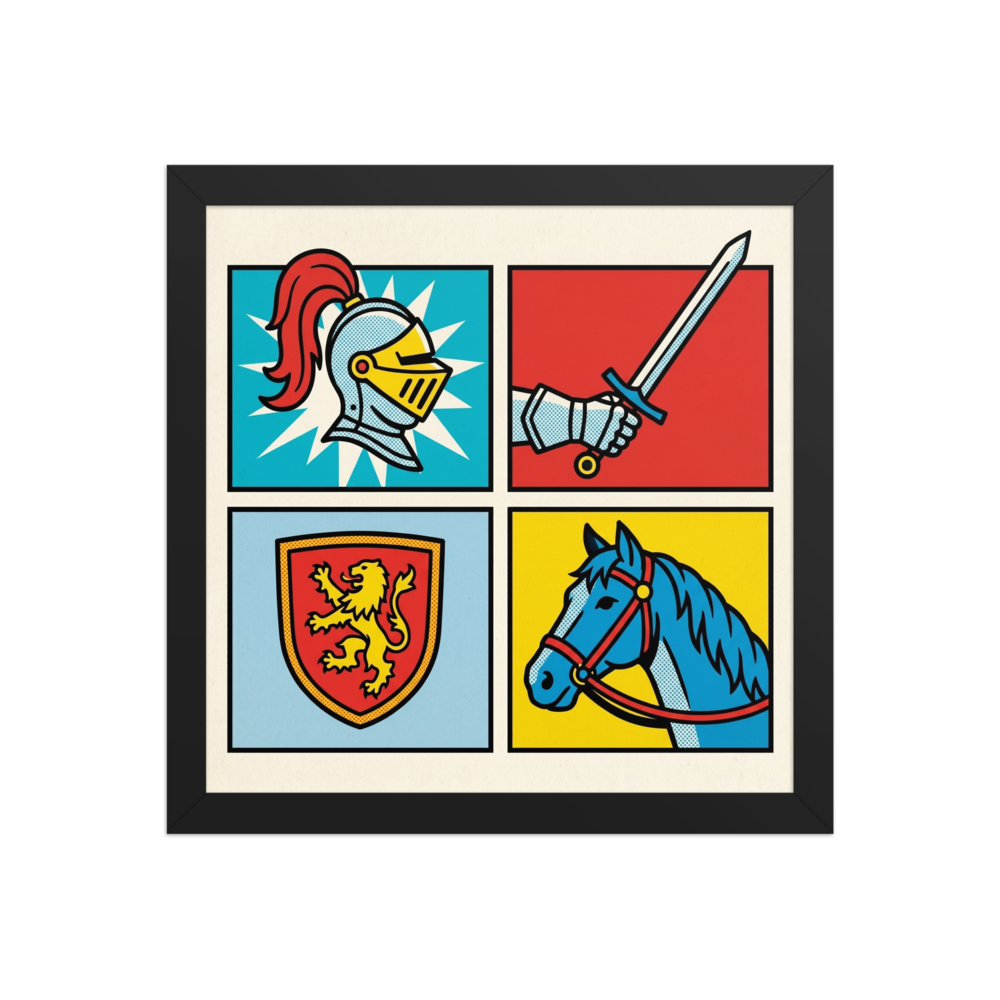 'Chivalric Pop Grid' — a Pop art print. A four-panel pop art illustration featuring a knight's helmet, an armored hand with a sword, a lion crest shield, and a horse, rendered in bright primary colors with halftone dots.