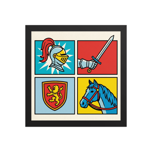 'Chivalric Pop Grid' — a Pop art print. A four-panel pop art illustration featuring a knight's helmet, an armored hand with a sword, a lion crest shield, and a horse, rendered in bright primary colors with halftone dots.