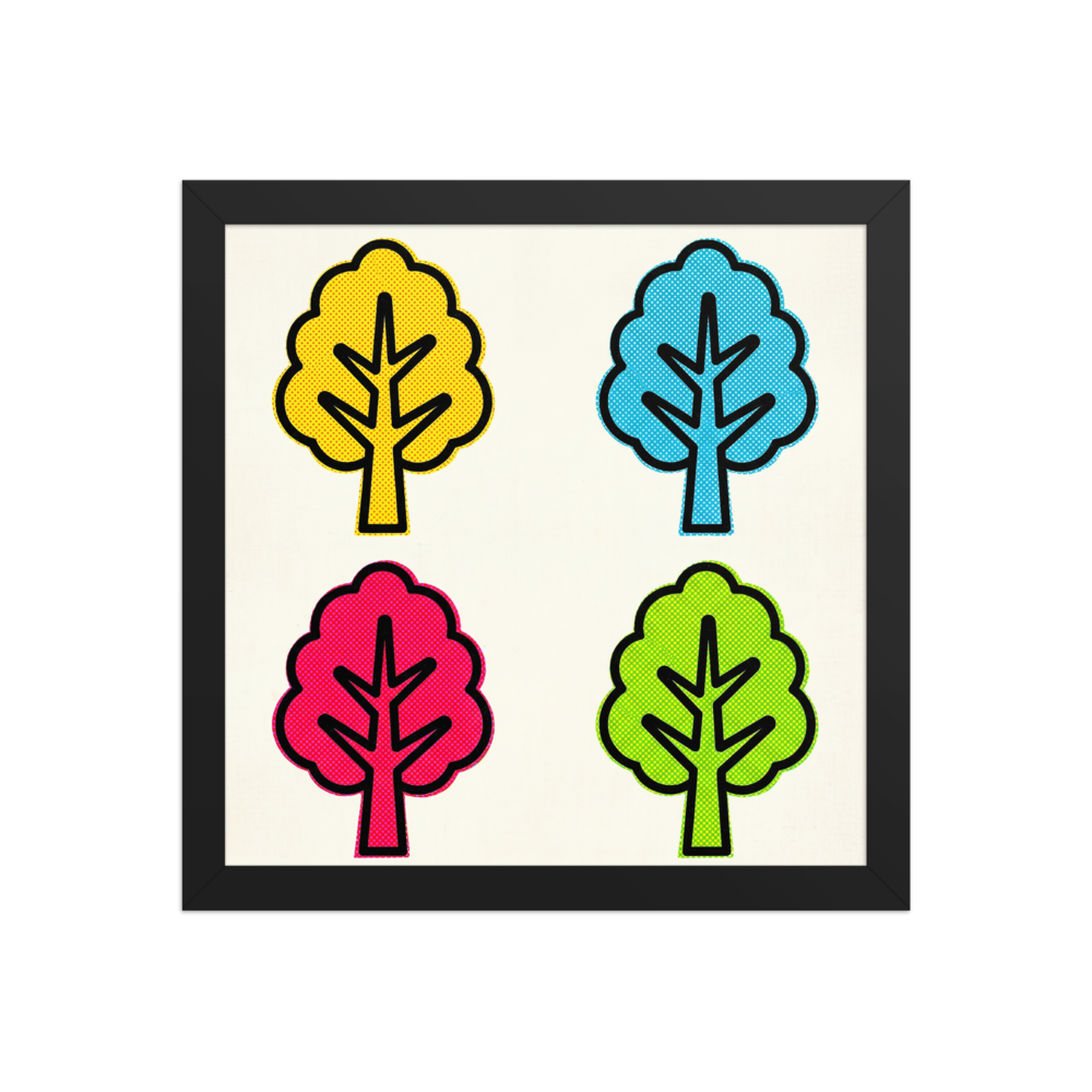 'Pop Art Forest Grid' — a Pop art print. A pop art illustration of four stylized trees in a grid, featuring bold black outlines and halftone dotted fills in yellow, blue, pink, and green against a light background.