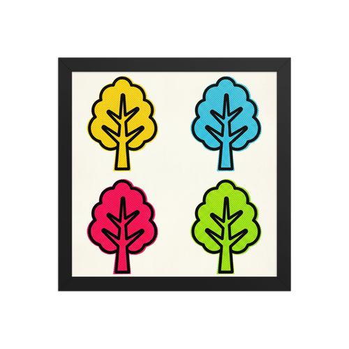 'Pop Art Forest Grid' — a Pop art print. A pop art illustration of four stylized trees in a grid, featuring bold black outlines and halftone dotted fills in yellow, blue, pink, and green against a light background.