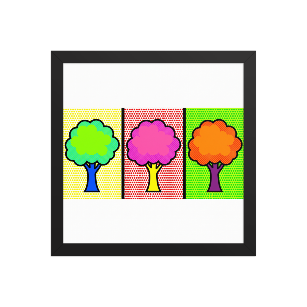 'Pop Art Canopy Triptych' — a Pop art print. A three-panel pop art illustration of stylized trees in bright green, pink, and orange, set against contrasting dotted backgrounds in yellow, red, and green.