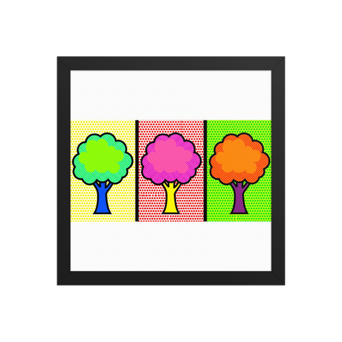 'Pop Art Canopy Triptych' — a Pop art print. A three-panel pop art illustration of stylized trees in bright green, pink, and orange, set against contrasting dotted backgrounds in yellow, red, and green.