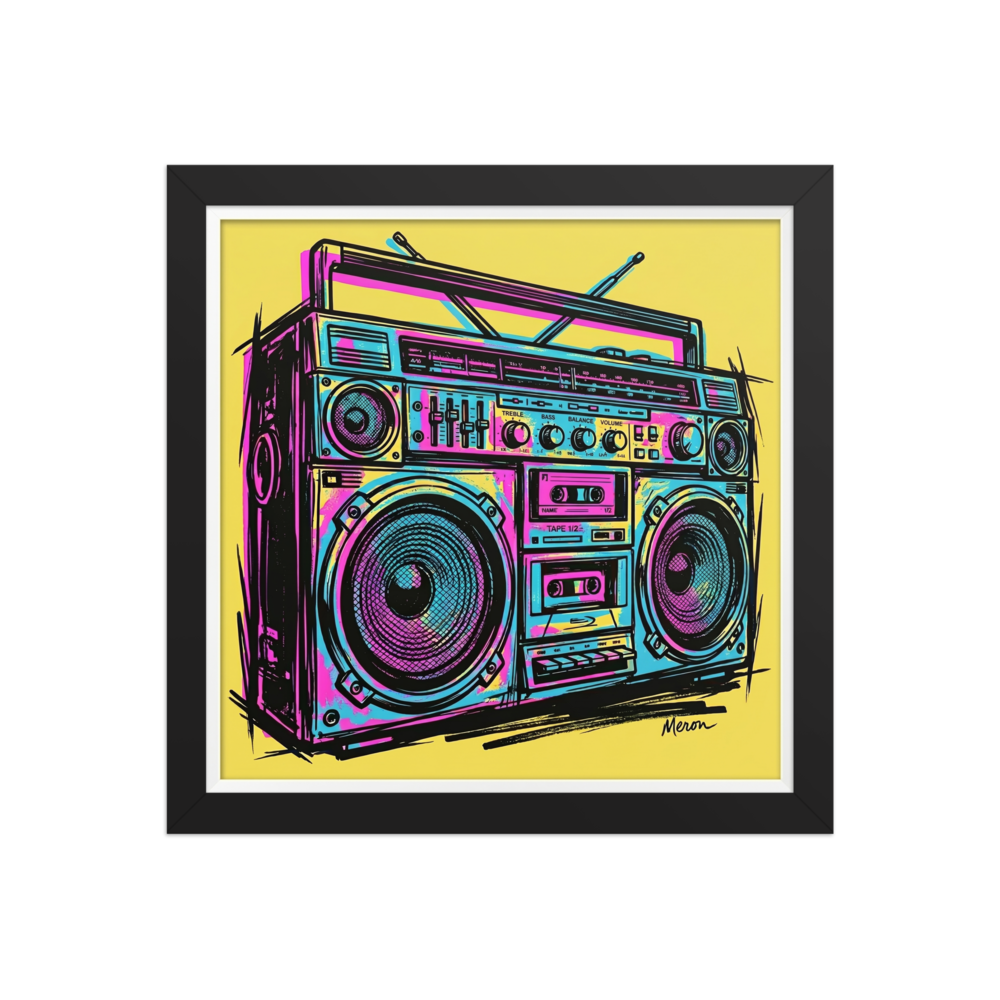 'Neon Boombox' — a Pop art print. A vibrant pop art sketch of a vintage boombox in cyan and magenta against a yellow background, ideal for a game room.