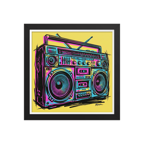 'Neon Boombox' — a Pop art print. A vibrant pop art sketch of a vintage boombox in cyan and magenta against a yellow background, ideal for a game room.