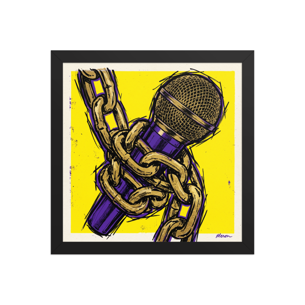 'Chained Mic' — a Pop art print. A bold pop art illustration of a purple microphone wrapped in a gold chain against a bright yellow background, ideal for a music studio.