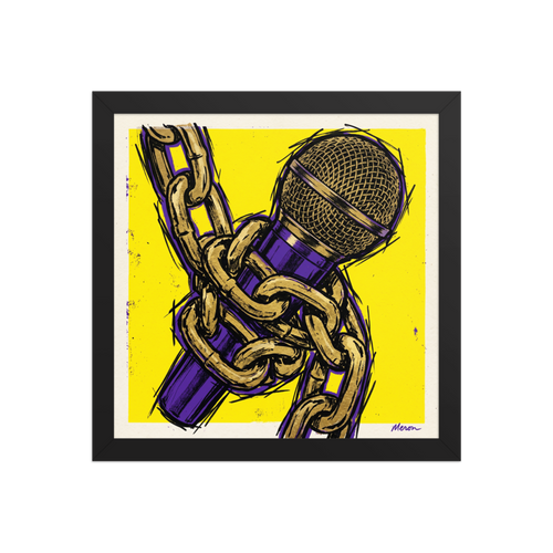 'Chained Mic' — a Pop art print. A bold pop art illustration of a purple microphone wrapped in a gold chain against a bright yellow background, ideal for a music studio.