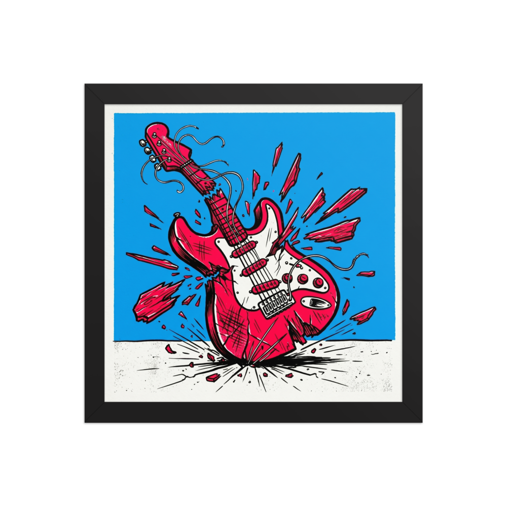 'Guitar Smash' — a Pop art print. A dynamic pop art illustration of a red electric guitar shattering against the ground on a bright blue background, perfect for a game room.