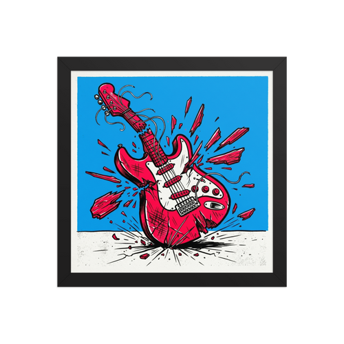 'Guitar Smash' — a Pop art print. A dynamic pop art illustration of a red electric guitar shattering against the ground on a bright blue background, perfect for a game room.