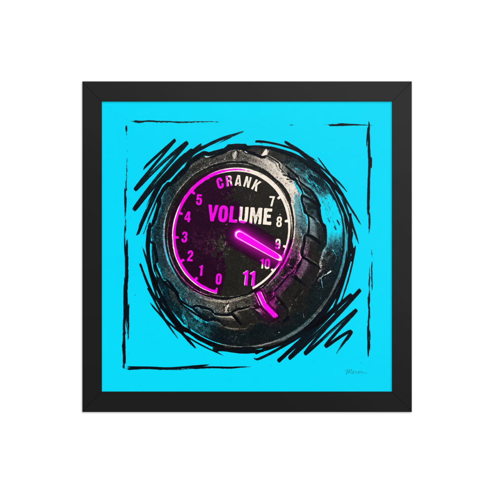 'Crank to Eleven' — a Pop art print. An edgy pop art illustration of a glowing pink volume knob cranked to eleven against a cyan background, perfect for a music studio.