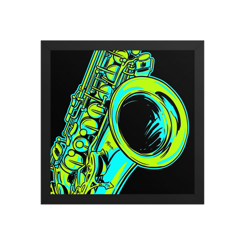 'Neon Rhythms' — a Pop art print. A vibrant neon green and cyan pop art illustration of a saxophone against a black background, perfect for a lively home bar or game room.