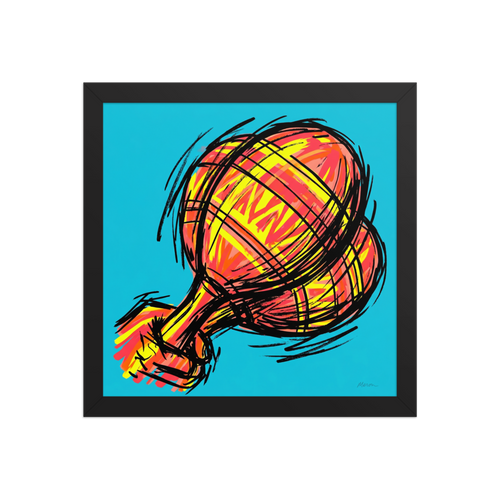 'Scribbled Ascent' — a Pop art print. A vibrant pop art style illustration of a red and yellow hot air balloon covered in sketchy black lines against a bright cyan background, perfect for an eclectic living room.