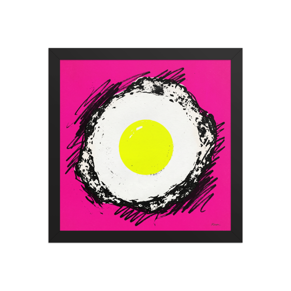 'Sunny Side Pop' — a Pop art print. A vibrant pop art illustration of a fried egg with a bright yellow yolk and sketchy black outlines, set against a solid hot pink background, perfect for a modern kitchen.