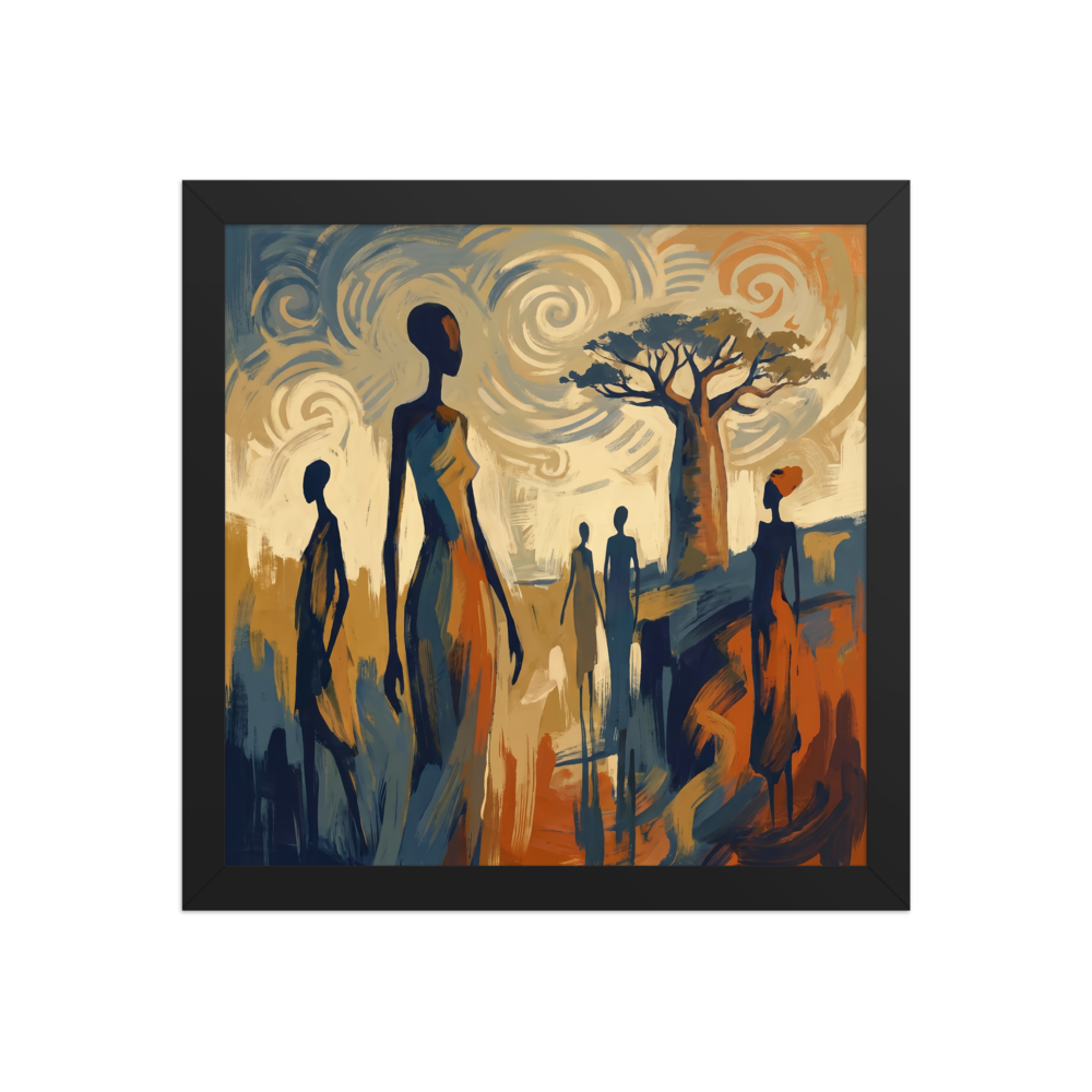 'Savanna Rhythms' — a Post-Impressionism,Expressionism print. An expressive oil painting of elongated African silhouettes walking near a baobab tree under a swirling sky, making captivating living room or bedroom wall art.