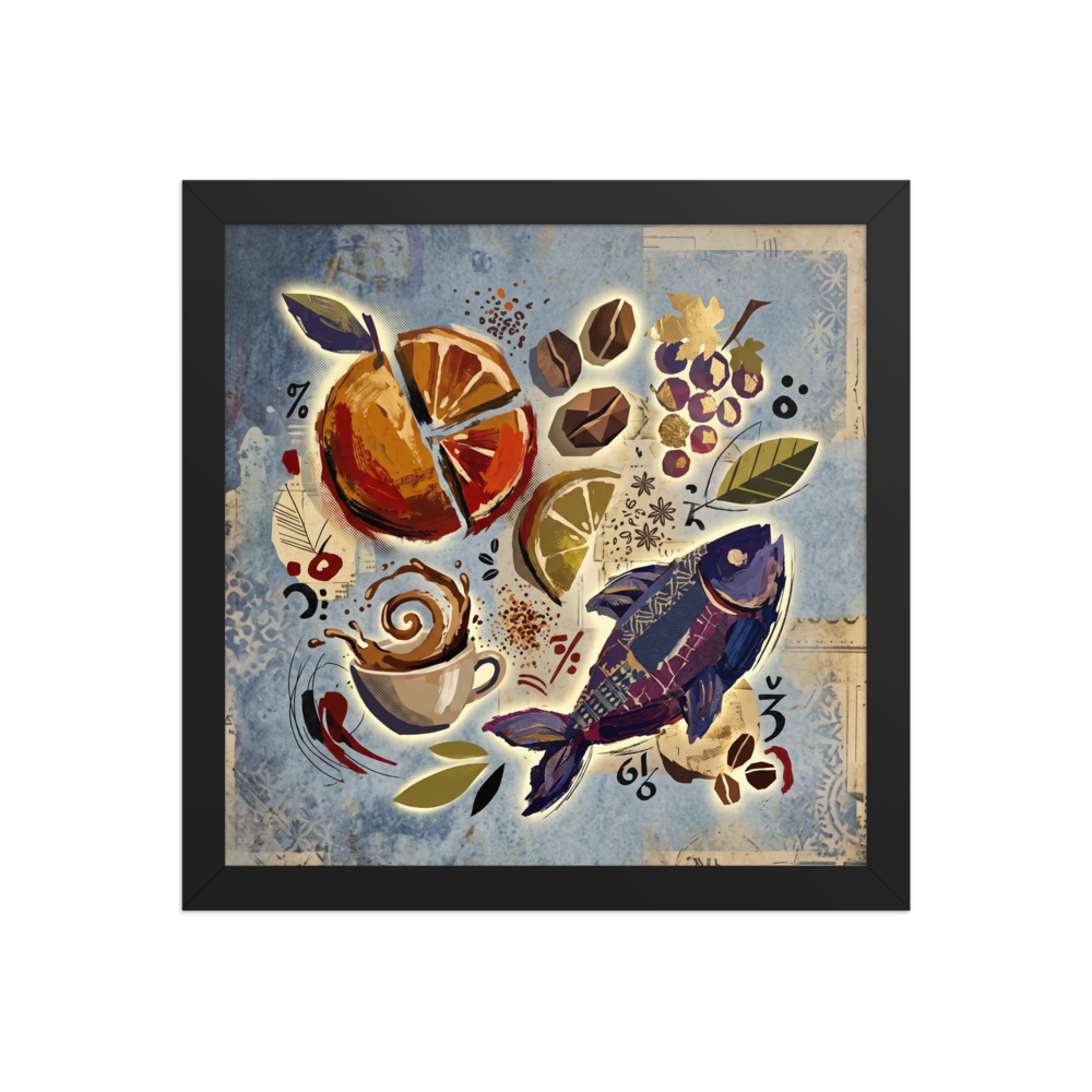 'Surrealist Feast' by Meron. A vibrant surrealist collage featuring a patterned purple fish, sliced citrus, coffee beans, and a splashing espresso cup on textured blue paper, ideal for a creative dining room or kitchen. A Dau-al-Set wall art print.