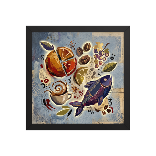 'Surrealist Feast' by Meron. A vibrant surrealist collage featuring a patterned purple fish, sliced citrus, coffee beans, and a splashing espresso cup on textured blue paper, ideal for a creative dining room or kitchen. A Dau-al-Set wall art print.