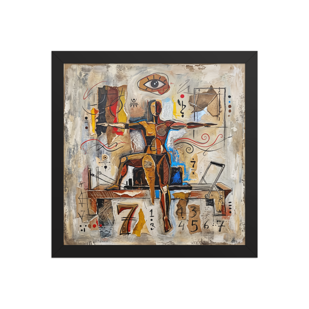 Dau-al-Set wall art exploring spirituality, 'The Seventh Equilibrium'. A textured surrealist collage featuring a balanced human figure beneath a stylized all-seeing eye and cryptic numbers, making a captivating focal point for a study or living room.