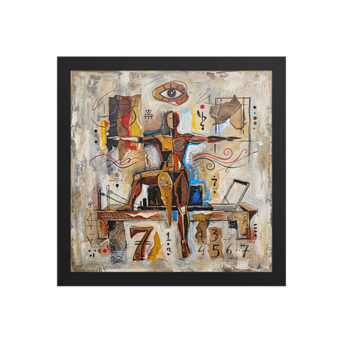 Dau-al-Set wall art exploring spirituality, 'The Seventh Equilibrium'. A textured surrealist collage featuring a balanced human figure beneath a stylized all-seeing eye and cryptic numbers, making a captivating focal point for a study or living room.