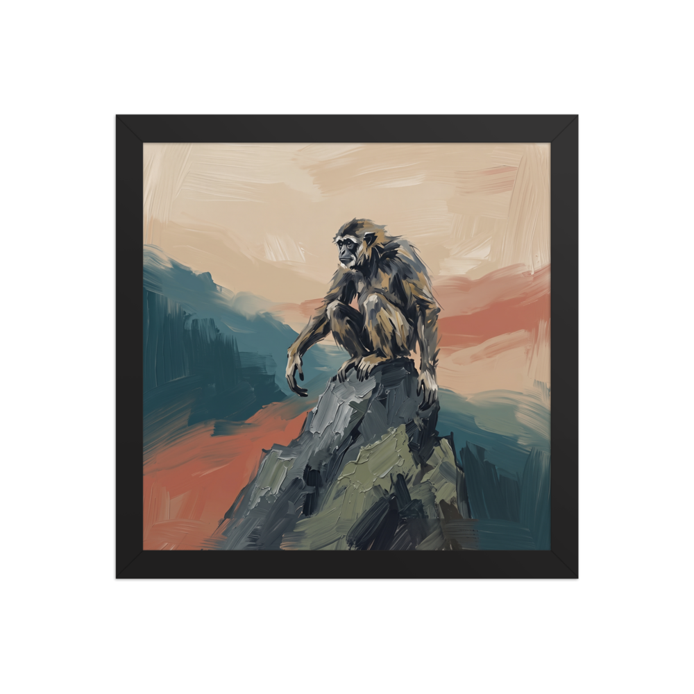 Expressionism wall art for the office, 'Sun Wukong on the Peak'. Expressive oil painting of Sun Wukong the Monkey King sitting atop a mountain peak in teal and terracotta tones for an office wall.