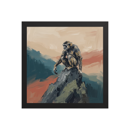 Expressionism wall art for the office, 'Sun Wukong on the Peak'. Expressive oil painting of Sun Wukong the Monkey King sitting atop a mountain peak in teal and terracotta tones for an office wall.