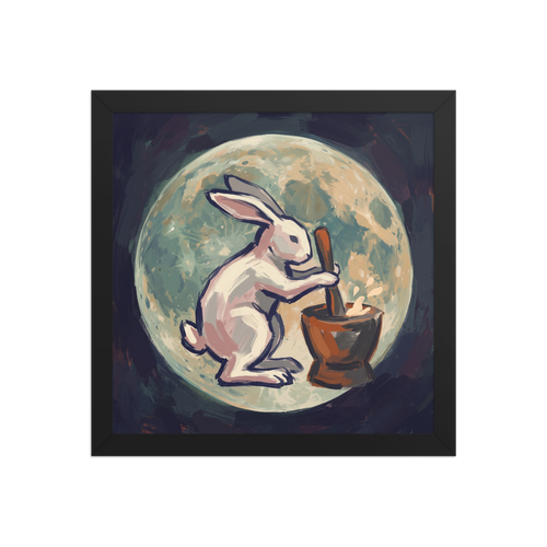 The Folk art print 'Alchemist Moon Rabbit'. Whimsical painterly print of the Moon Rabbit pounding elixir before a full moon, ideal for a bedroom wall.