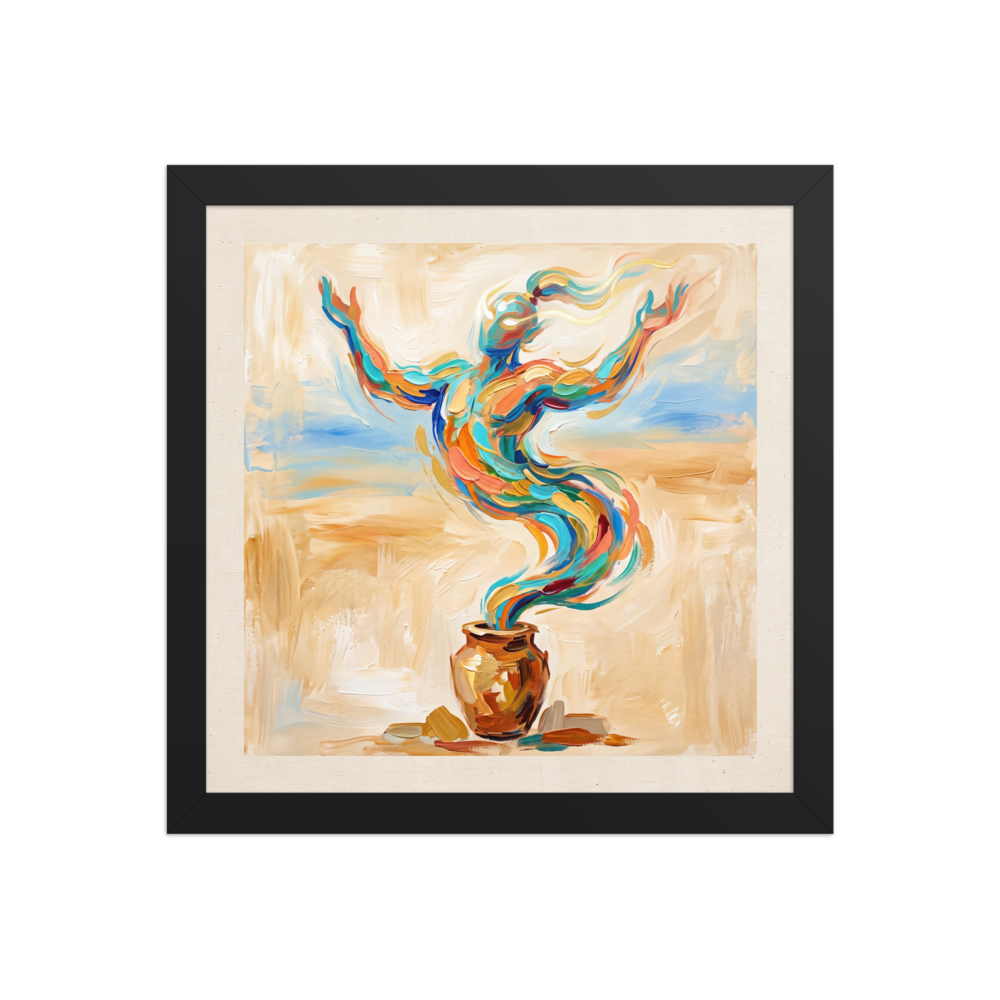 A wonder / awe scene in teal and orange, 'Rise of the Djinn'. Vibrant impasto painting of a magical genie emerging from a clay vessel with outstretched arms, perfect wall art for a living room.