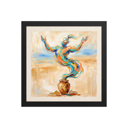 A wonder / awe scene in teal and orange, 'Rise of the Djinn'. Vibrant impasto painting of a magical genie emerging from a clay vessel with outstretched arms, perfect wall art for a living room.
