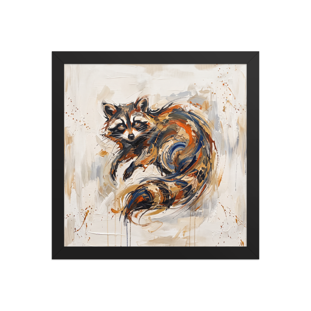 Fine art print 'Azeban the Mischievous' in a Expressionism style. Expressive impasto oil painting of Azeban raccoon spirit in rust orange and slate blue tones for a living room wall.