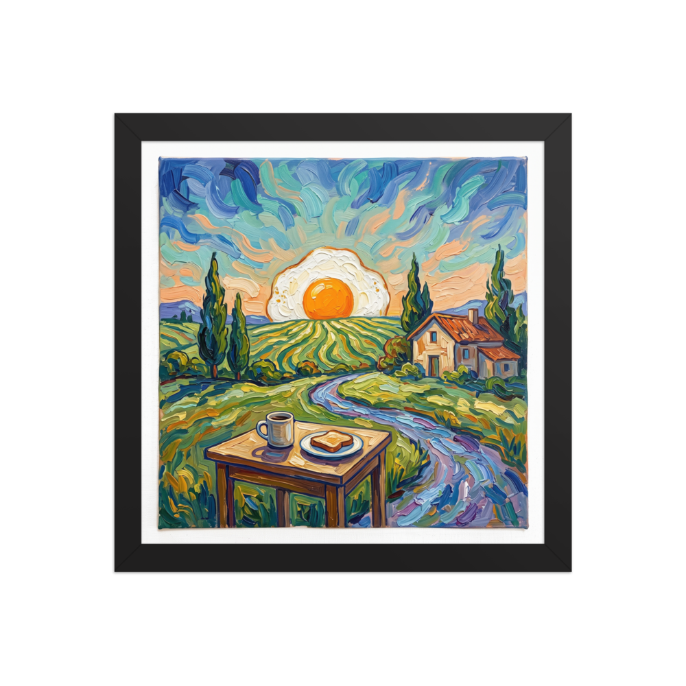 Fine art print 'Sunny Side Up Sunrise' in a Post-Impressionism style. Vibrant Post-Impressionist impasto painting of a fried egg sunrise over rolling hills for kitchen wall art.