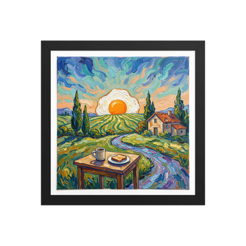 Fine art print 'Sunny Side Up Sunrise' in a Post-Impressionism style. Vibrant Post-Impressionist impasto painting of a fried egg sunrise over rolling hills for kitchen wall art.