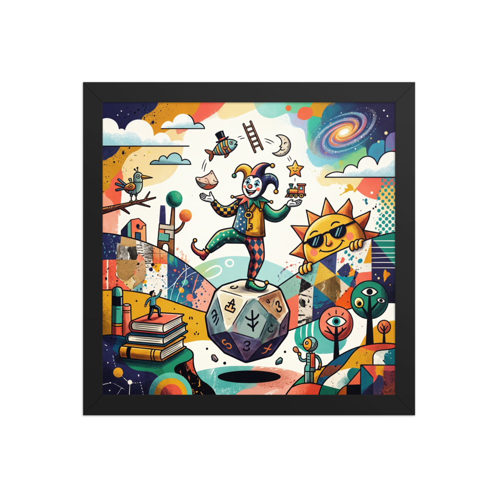 'The Cosmic Juggler', part of Meron's Dau-al-Set wall art. A cheerful jester balances on a giant floating die while juggling whimsical objects like a top-hatted fish and a toy train, creating a joyful centerpiece for a playroom.