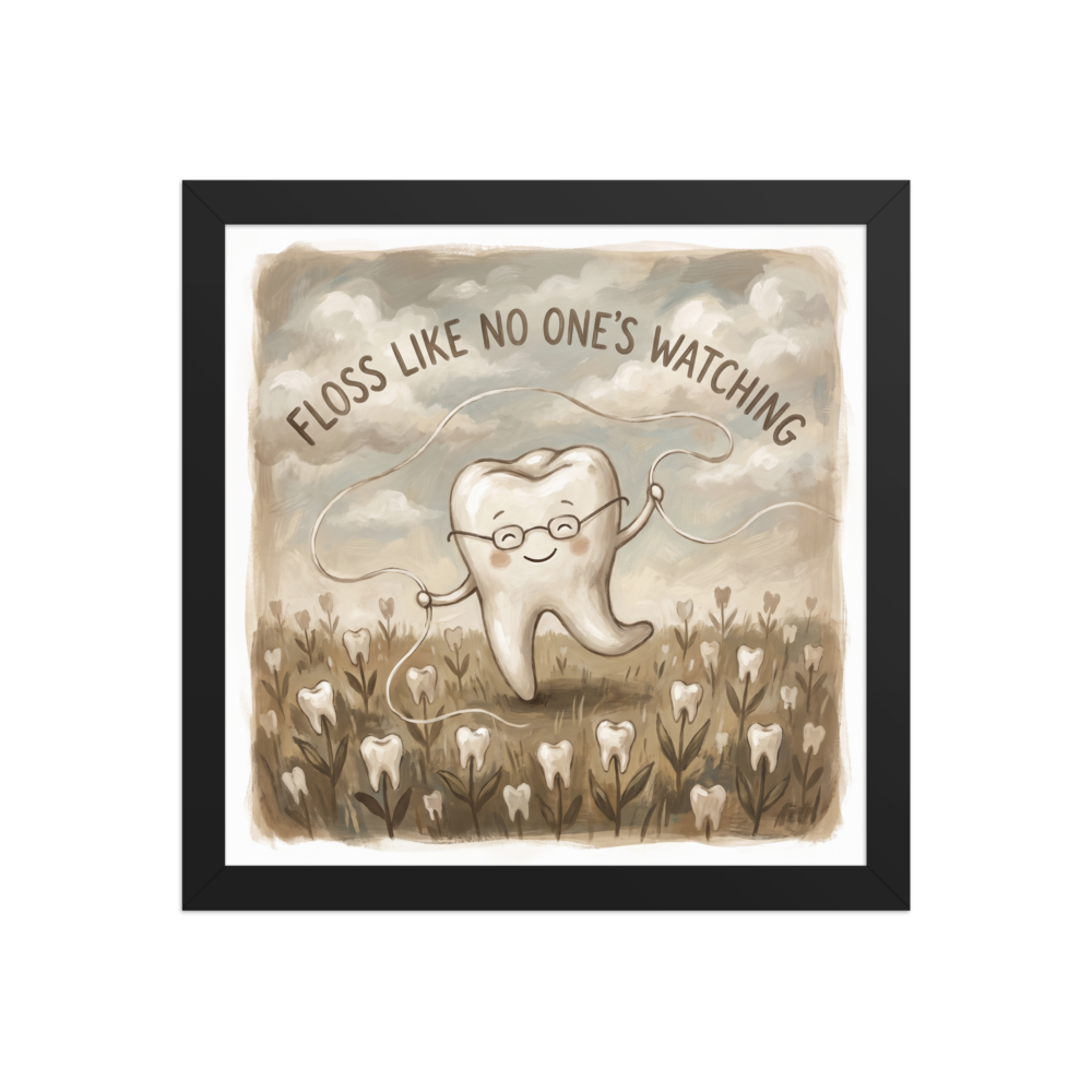 'Floss Like No One's Watching'. A whimsical sepia painting of a happy tooth dancing with dental floss in a meadow, perfect for bathroom wall art. Offered as a Digital art print.