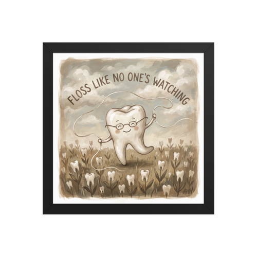 'Floss Like No One's Watching'. A whimsical sepia painting of a happy tooth dancing with dental floss in a meadow, perfect for bathroom wall art. Offered as a Digital art print.