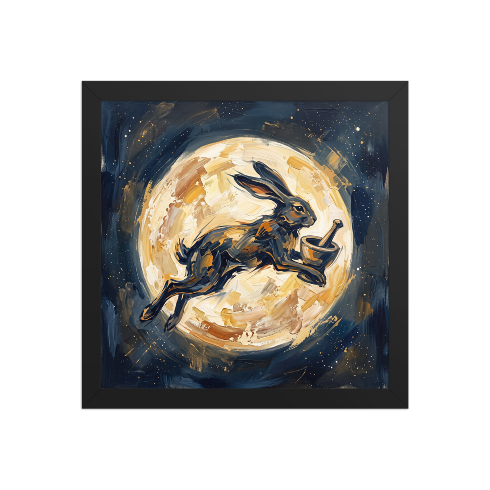 Rich impasto oil painting of a dark lunar hare leaping across a golden moon, suited for a living room wall. A Expressionism print with a impasto look, titled 'Celestial Hare'.