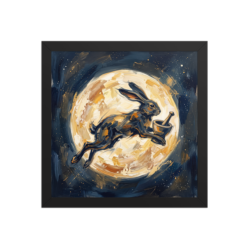 Rich impasto oil painting of a dark lunar hare leaping across a golden moon, suited for a living room wall. A Expressionism print with a impasto look, titled 'Celestial Hare'.