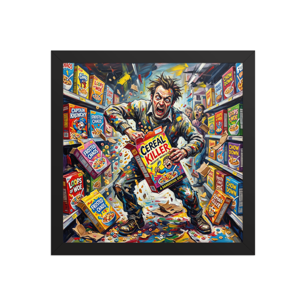 Vibrant expressionist painting of a manic man tearing open cereal boxes in a supermarket aisle for game room wall art. 'Cereal Killer', a Expressionism print for the wall.