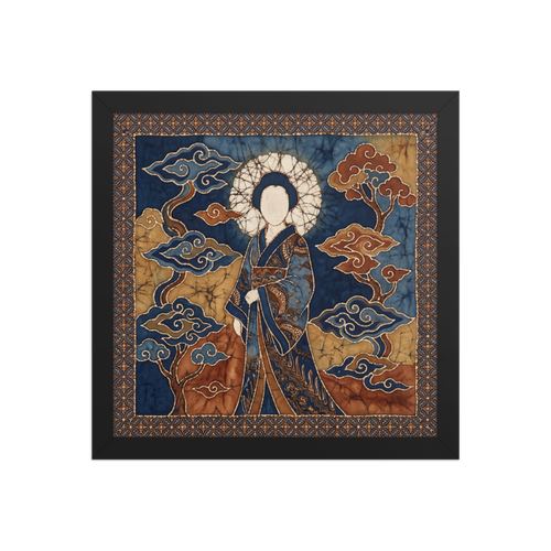 A Japanese batik fabric artwork depicting the sun goddess Amaterasu in indigo and gold hues in a Living Room decor setting. A Japanese art art print titled 'Amaterasu in Batik'.