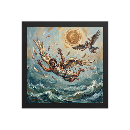 Expressionism wall art exploring mythology, 'The Fall of Icarus'. Expressionist impasto painting of winged Icarus falling into stormy sea under a golden sun, suited for a living room wall.