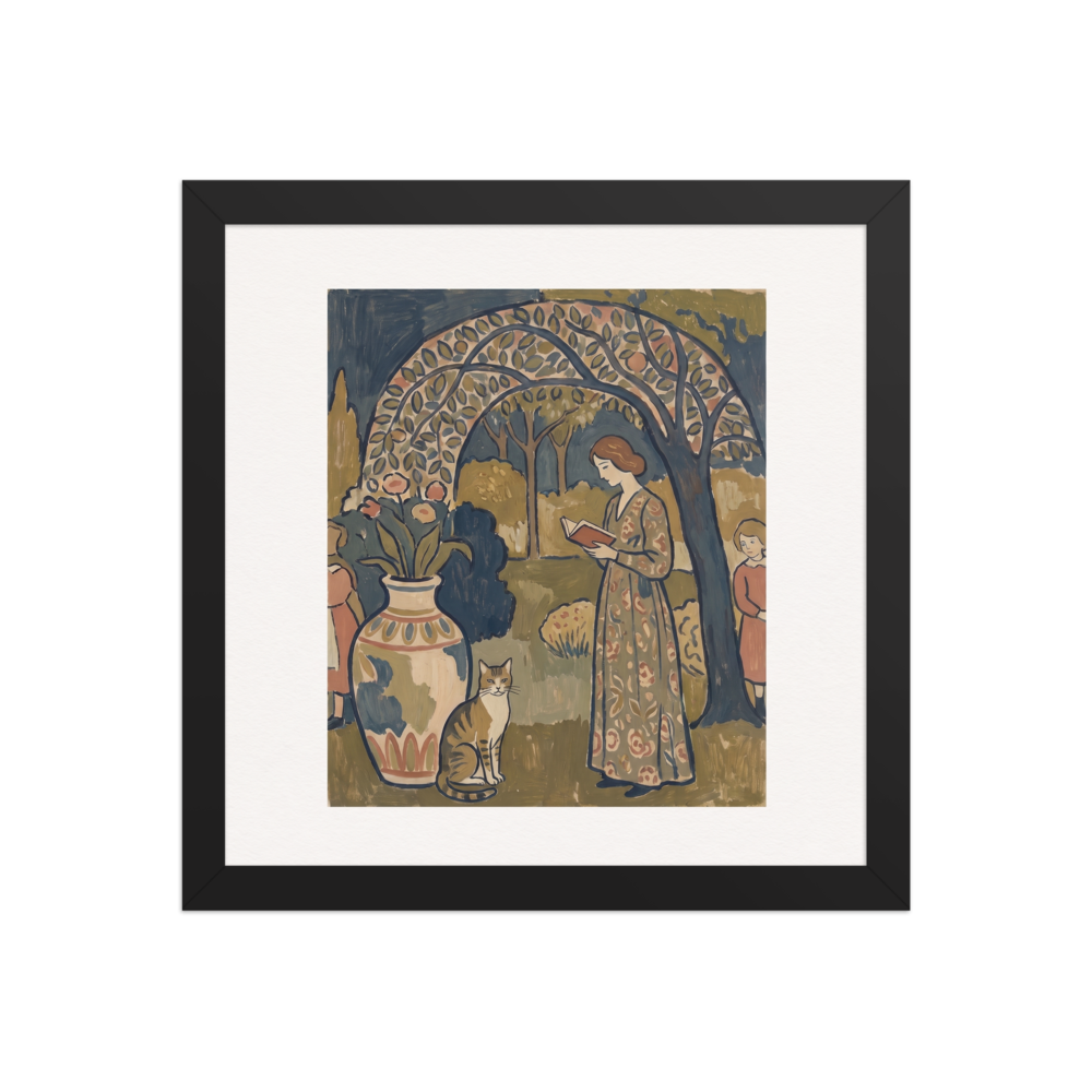 A serene painting of a woman reading a book under an arched garden trellis with a cat and vase of flowers, creating a peaceful atmosphere for a bedroom or reading room. 'Under the Trellis', a Les Nabis print for the wall.