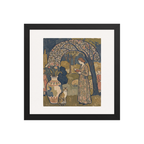 A serene painting of a woman reading a book under an arched garden trellis with a cat and vase of flowers, creating a peaceful atmosphere for a bedroom or reading room. 'Under the Trellis', a Les Nabis print for the wall.